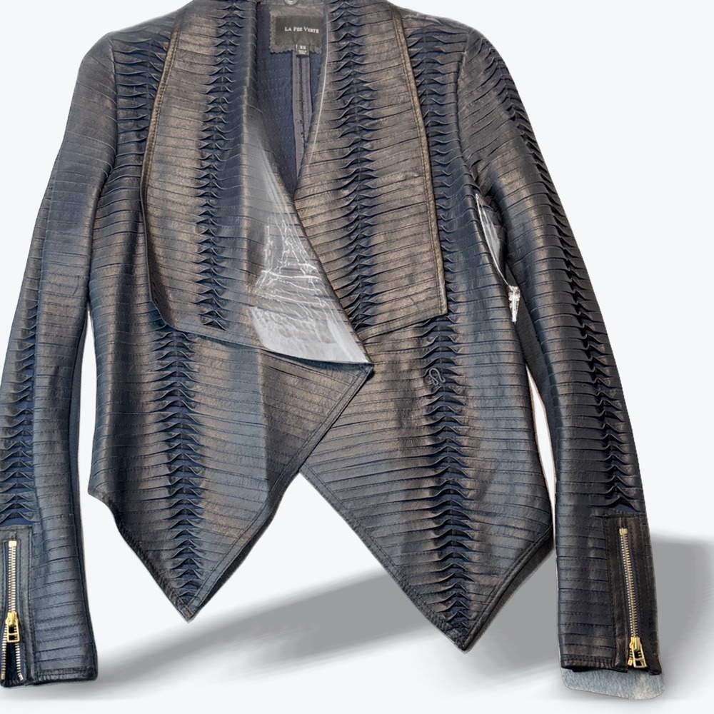Draped Lamb Leather Moto Jacket Edgy Blue Strips Anthropologie La Fee Verte XS